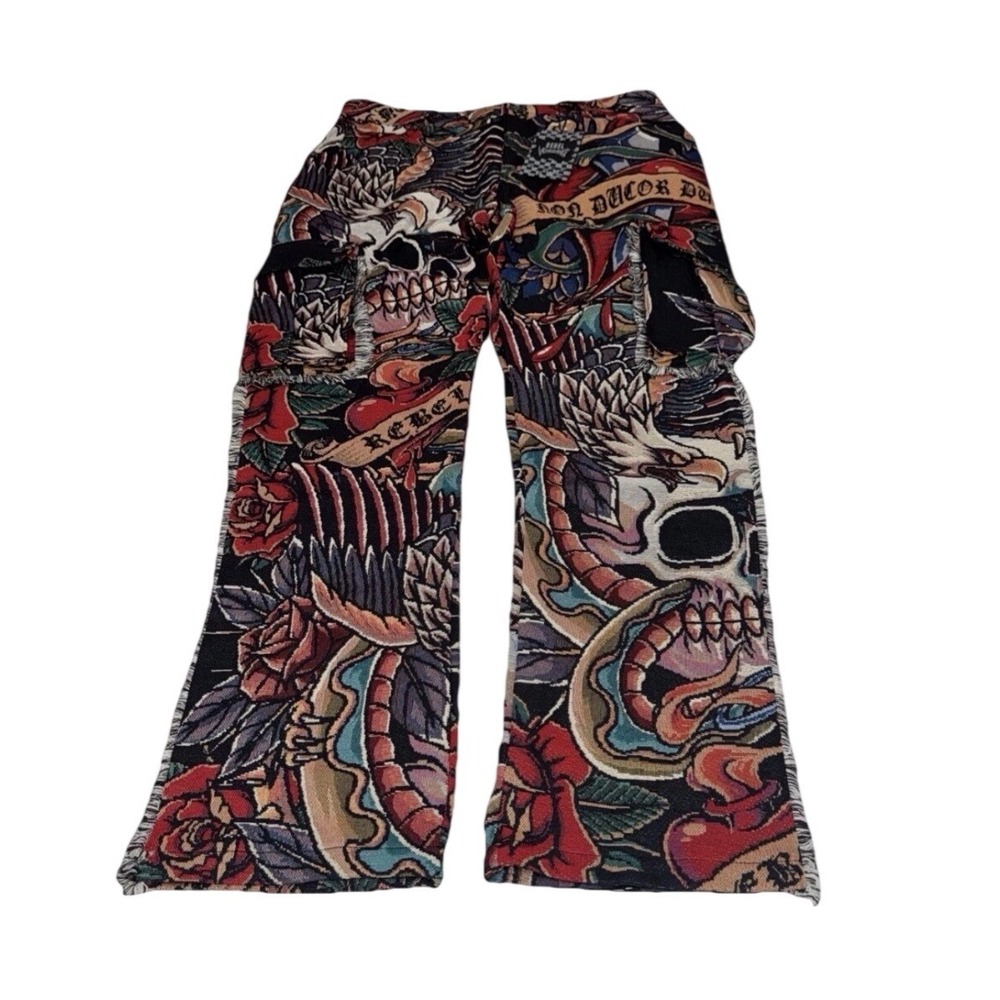 Rebel Vengeance Woven Tapestry Tattoo Graphic Pants Skulls Eagles Roses Mens 34